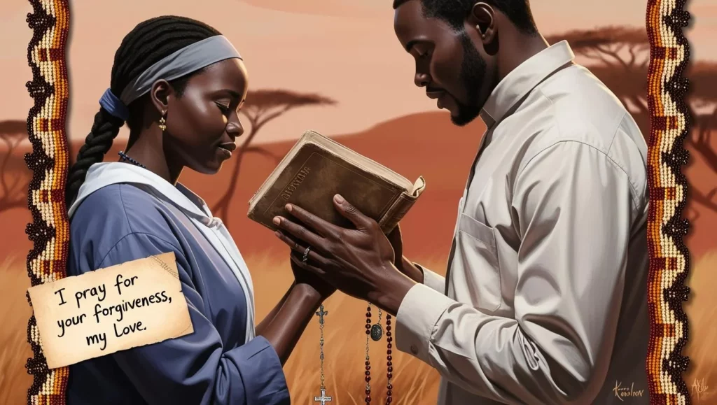 Christian apology message for her symbolized by a couple praying with a Bible