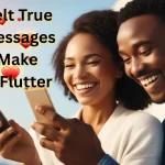 Diverse couple texting love messages - African/mixed race couple smiling at phones with heart icons floating