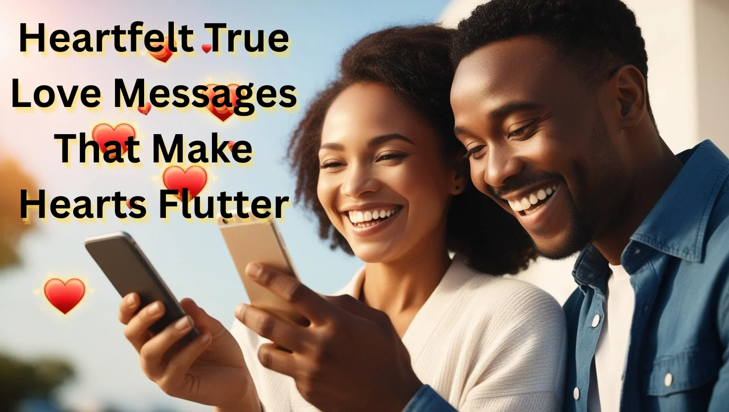 Diverse couple texting love messages - African/mixed race couple smiling at phones with heart icons floating