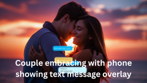 Couple embracing with phone showing text message overlay