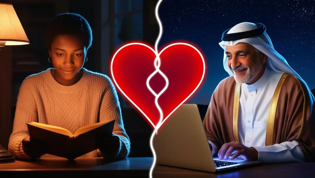 Long-distance deep love messages for her with couple connected by heart