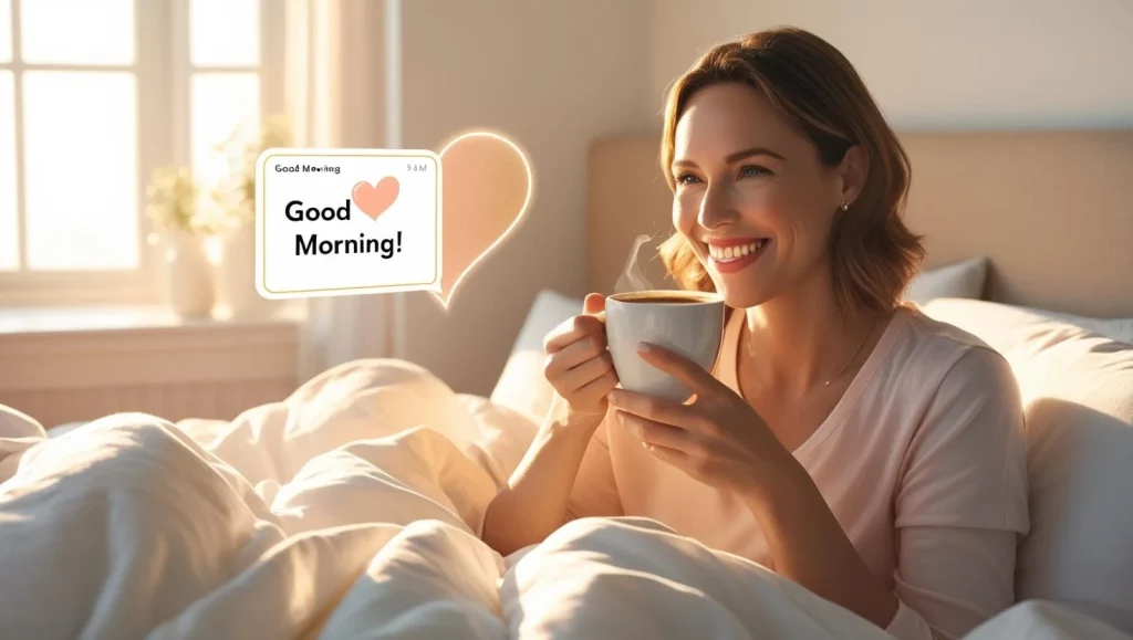 Woman reading deep love messages for her good morning in bed