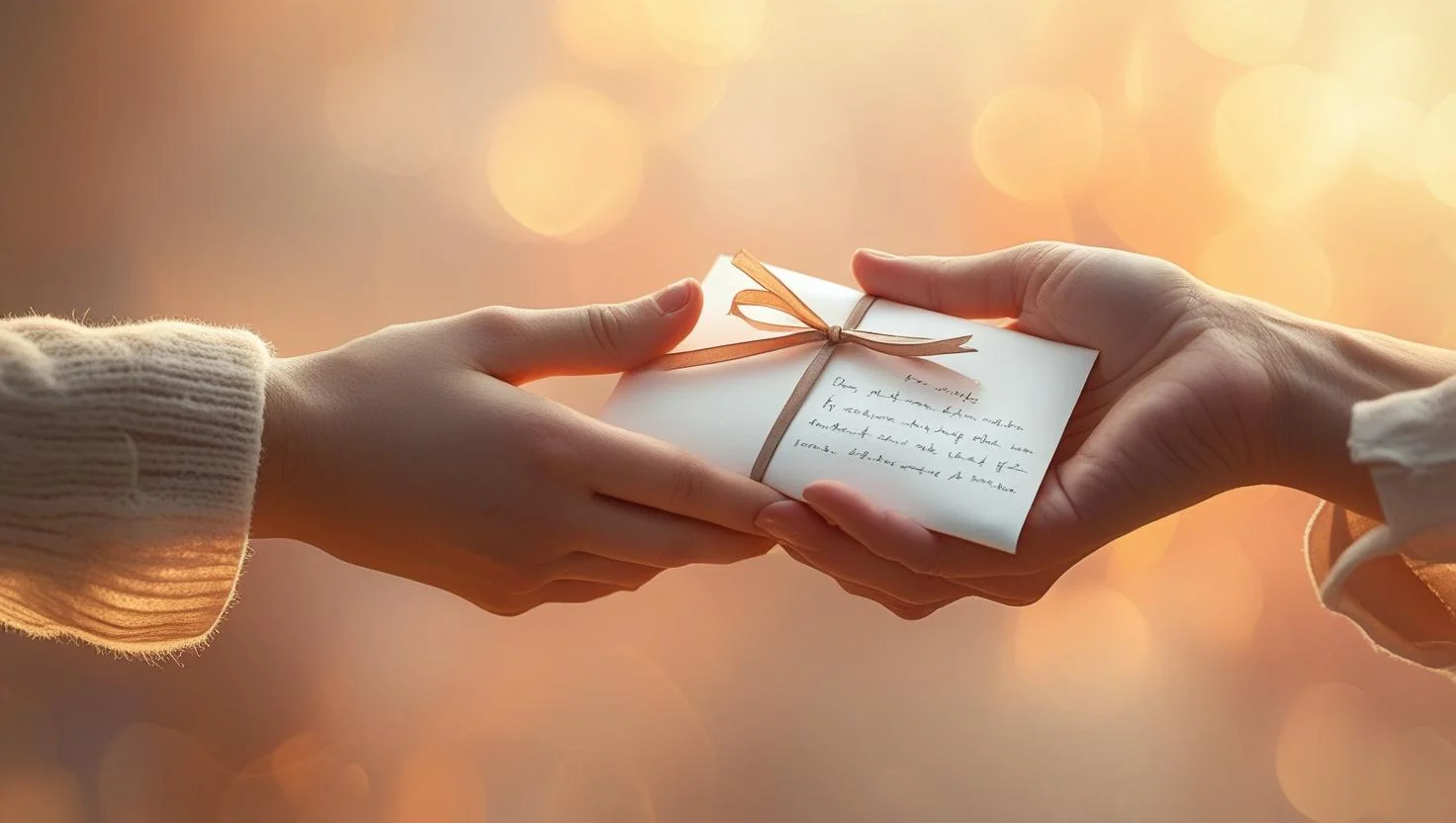 Hands reaching toward each other with forgiveness message note showing relationship healing and emotional connection