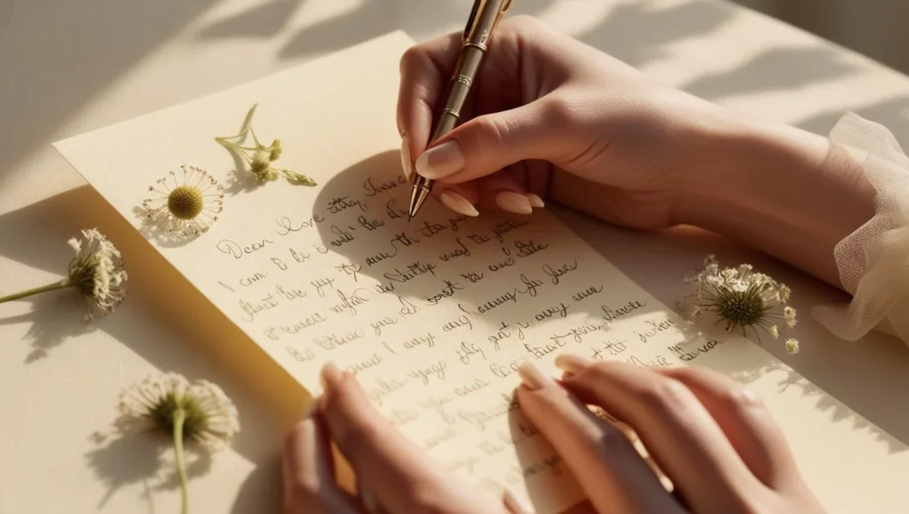 Hands writing love letter - Close-up of handwritten note with flowers
