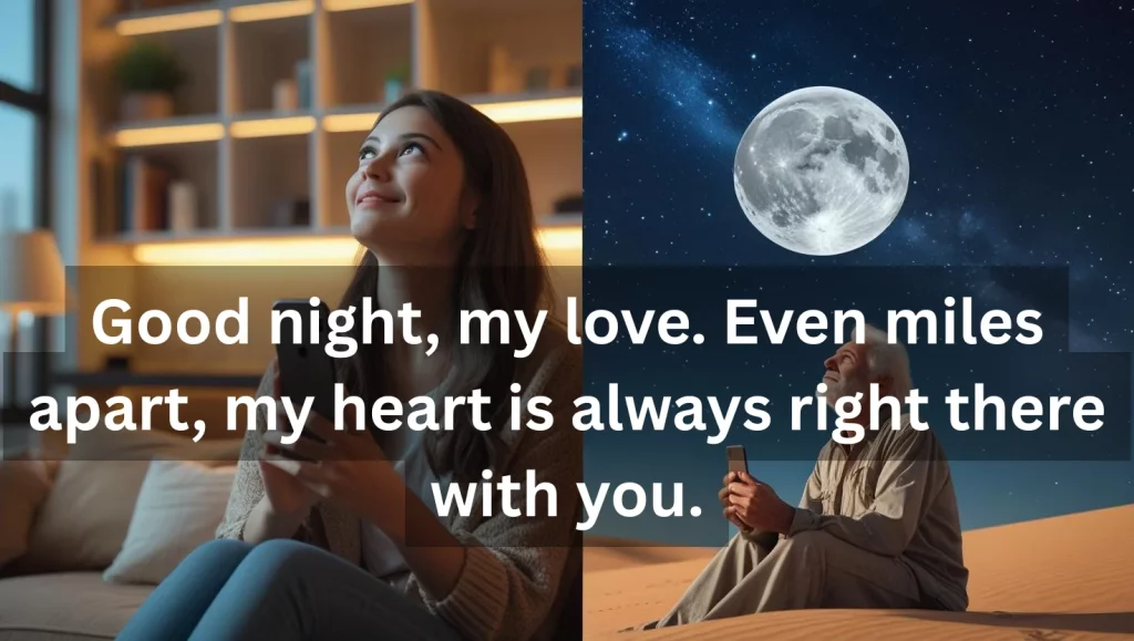 Long distance couple looking at same moon while sending good night messages