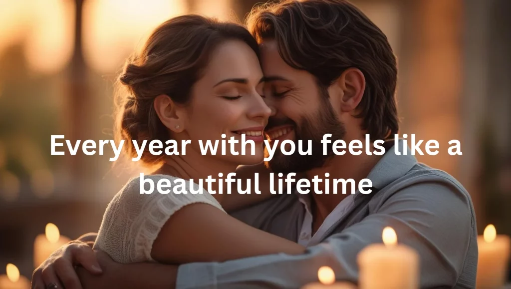 Couple sharing emotional anniversary moment with love messages
