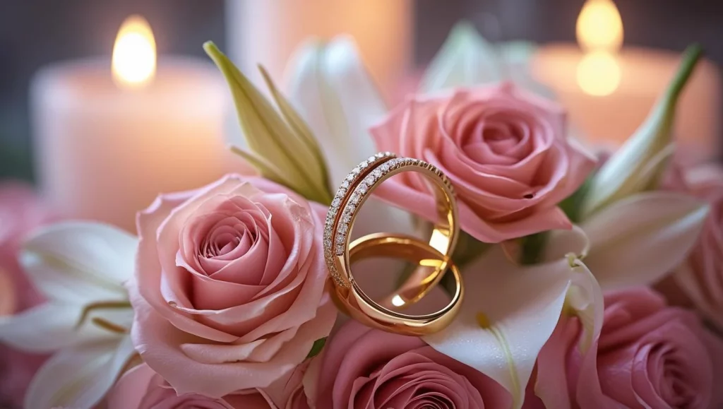 Anniversary wishes for wife with wedding rings and romantic flowers