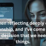 Person writing thoughtful breakup text message on smartphone screen