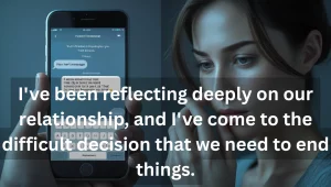 Person writing thoughtful breakup text message on smartphone screen