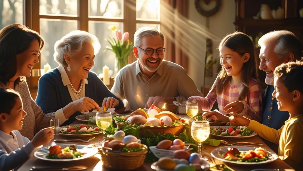 Happy Easter wishes for family gathering around dinner table with love and laughter