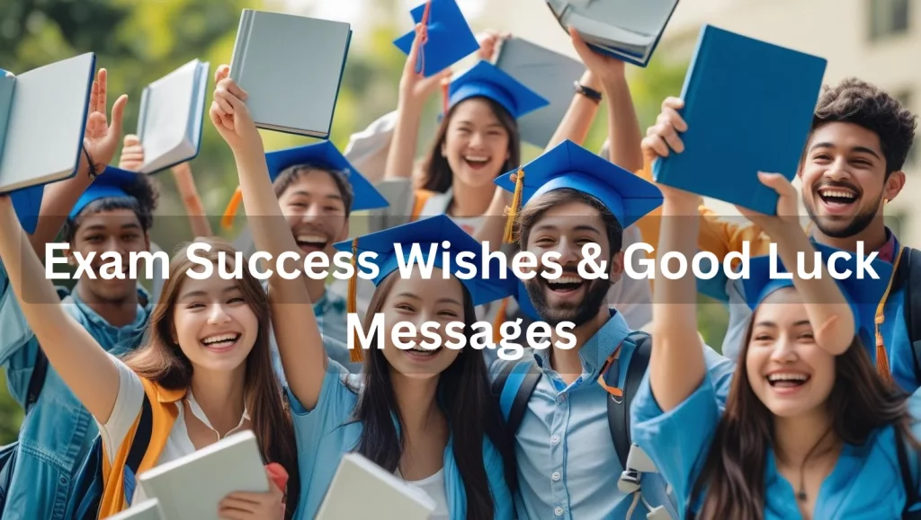 Students celebrating exam success with good luck wishes and motivational messages