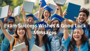 Students celebrating exam success with good luck wishes and motivational messages