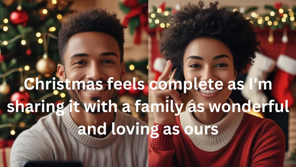 Happy family sharing Christmas messages and cards around decorated holiday tree