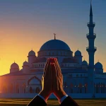 Muslim hands in prayer during Friday morning with mosque in background