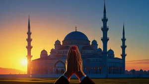 Muslim hands in prayer during Friday morning with mosque in background
