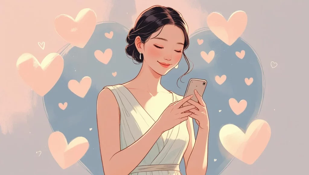 Woman reading romantic New Year message with heart decorations
