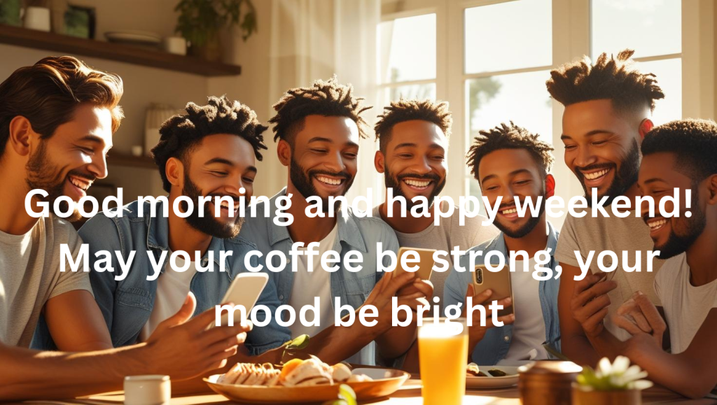Good morning happy weekend wishes with sunrise and coffee theme