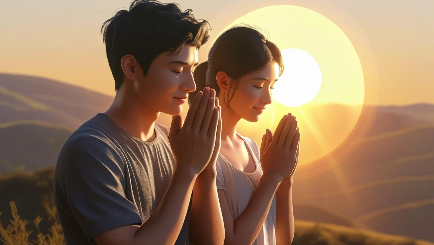 Husband and wife praying together during beautiful sunrise morning