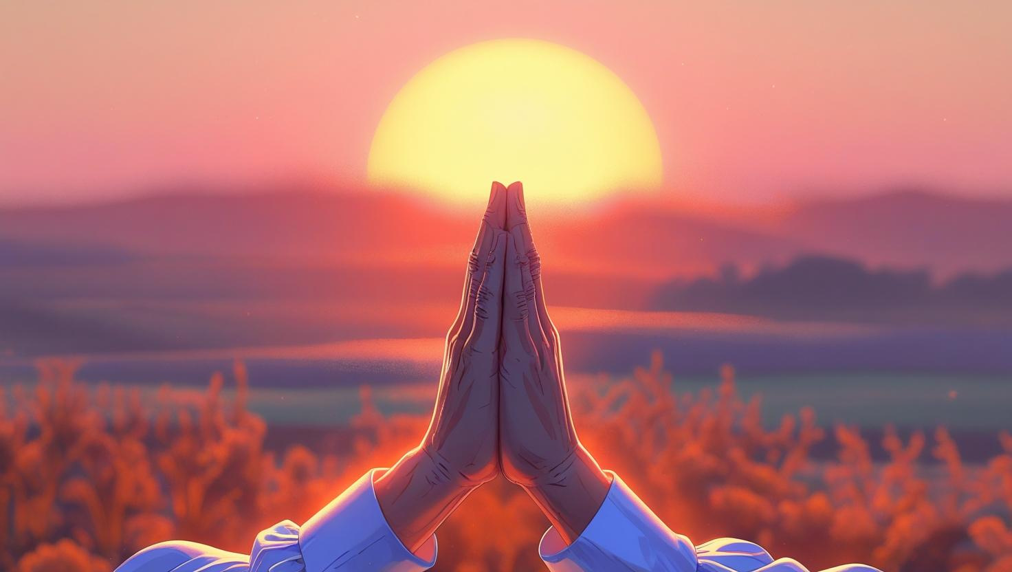 Woman praying at sunrise with good morning prayer text overlay