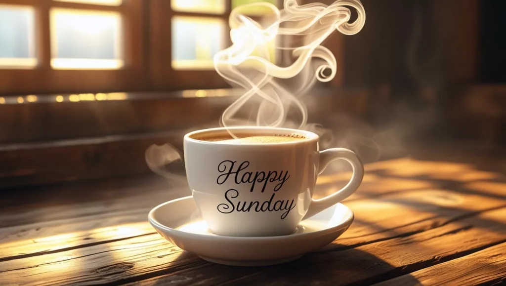 Good morning happy Sunday coffee cup with inspirational message text