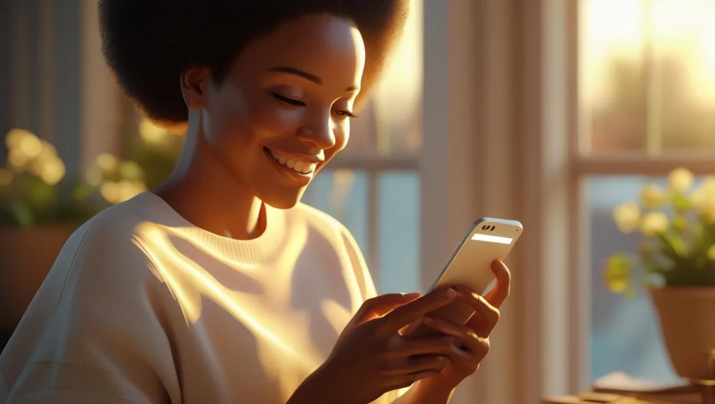 Woman reading good morning trust message on phone with happy expression