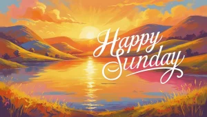Happy Sunday messages sunrise landscape with inspirational text overlay