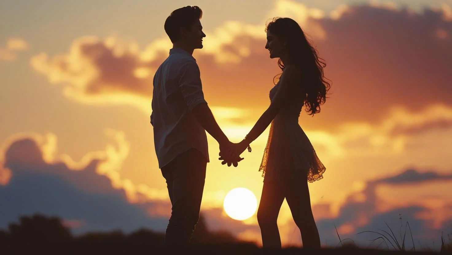 Couple holding hands promising forever love at romantic sunset