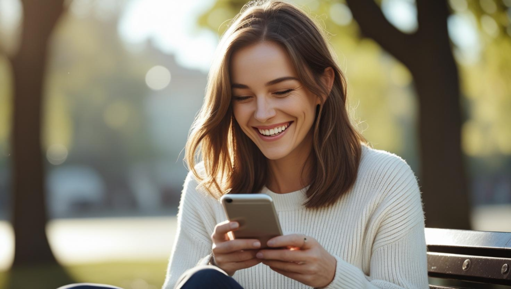 Heart touching messages make her smile woman reading romantic text happy