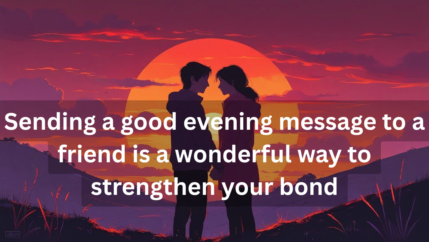 Friends enjoying sunset with text message notification overlay