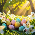 Inspirational Easter messages with spring flowers and colorful Easter eggs in sunlight