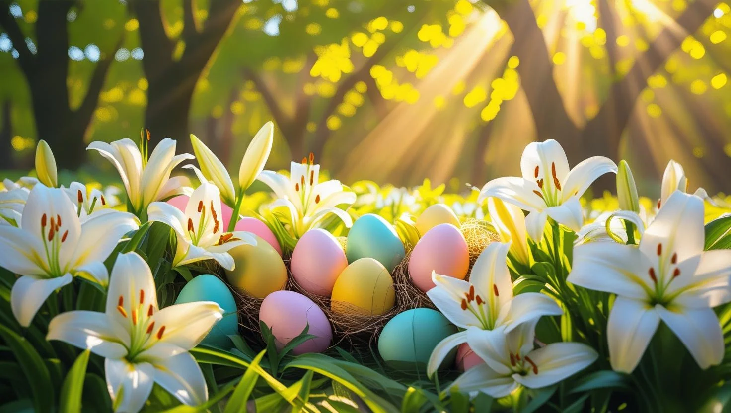Inspirational Easter messages with spring flowers and colorful Easter eggs in sunlight