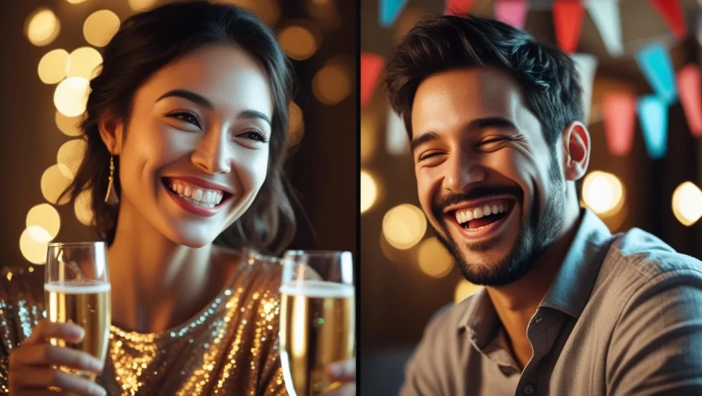 Long distance couple celebrating New Year together via video call