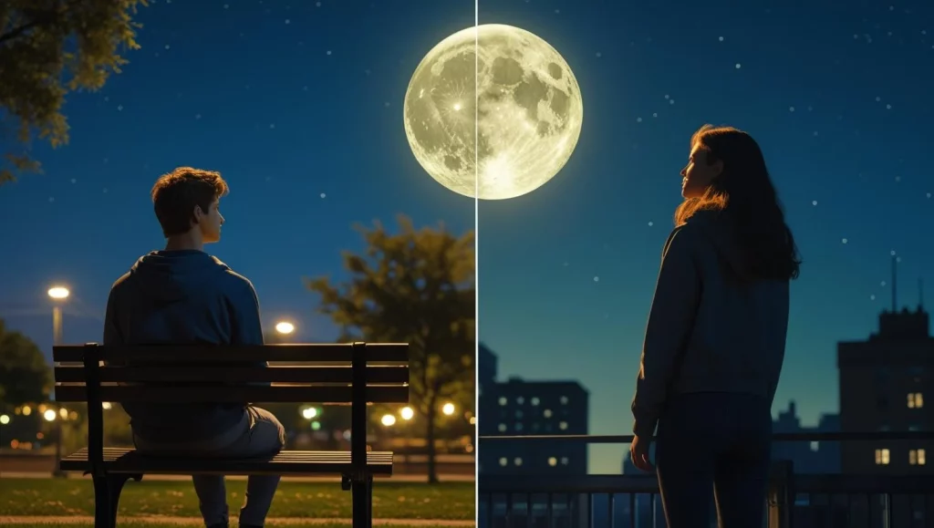 Long distance couple sharing romantic good night messages under same moon
