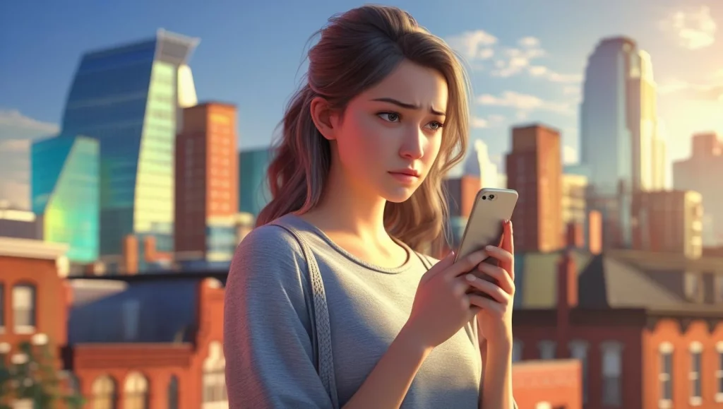 Woman reading touching love message on phone during long distance relationship