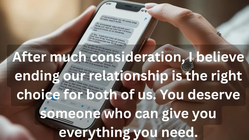 Hands holding phone displaying long-term relationship breakup text message