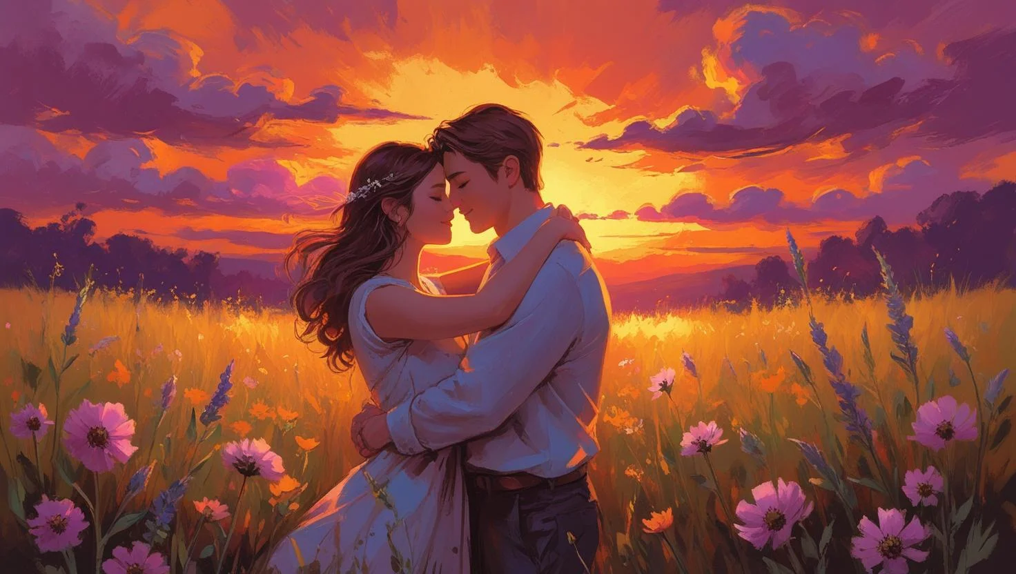 Romantic couple sharing love messages with heart bokeh background