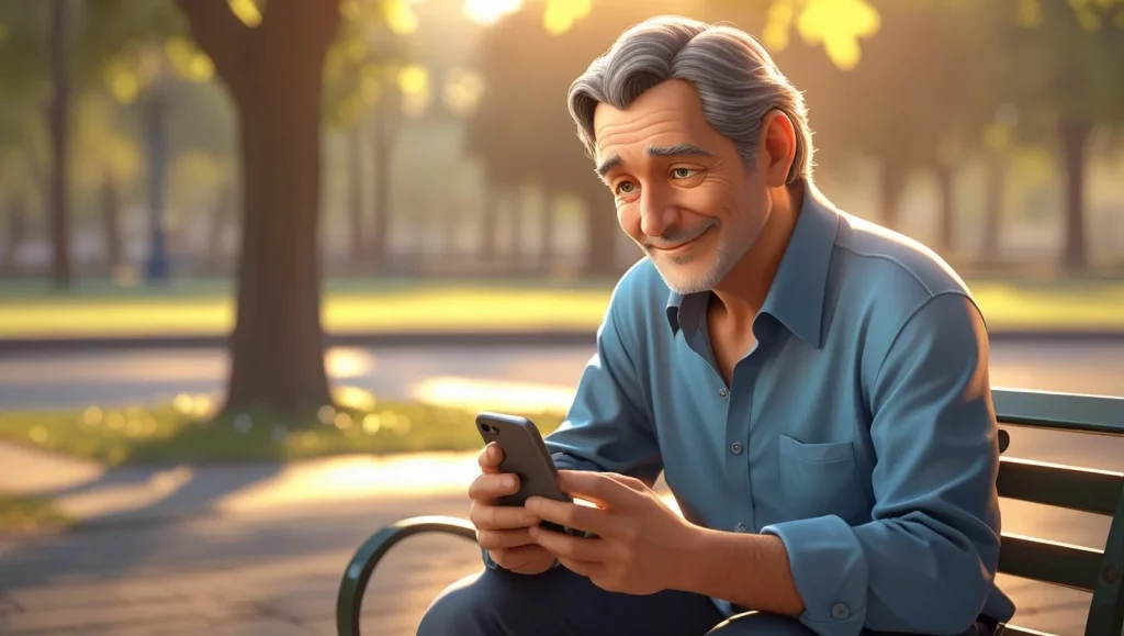 Man reading heart touching missing you message with gentle smile