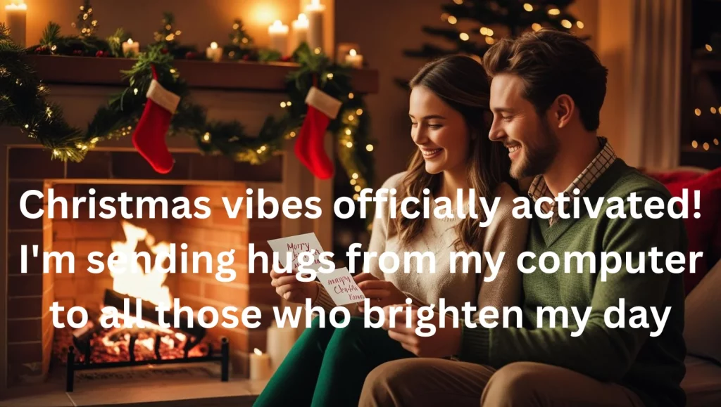 Modern Christmas message displayed on social media with festive emojis and holiday hashtags