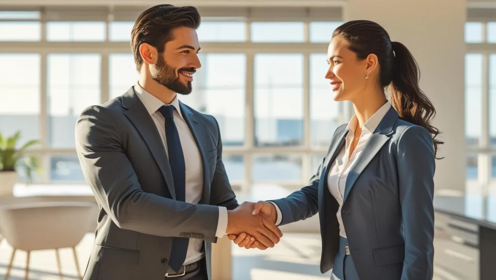 Business professionals shaking hands in modern office setting