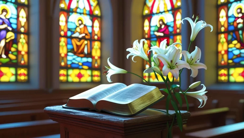 Religious Easter wishes with church interior and Bible for spiritual celebrations