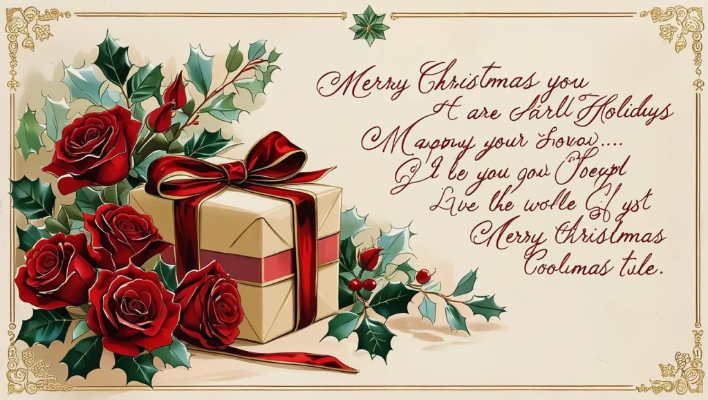 Romantic Christmas card with heartfelt love message and holiday decorations