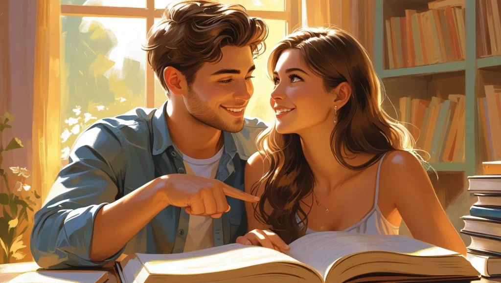 Romantic couple sharing good luck exam wishes and encouragement for academic success