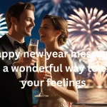 Couple celebrating New Year with romantic messages and fireworks background