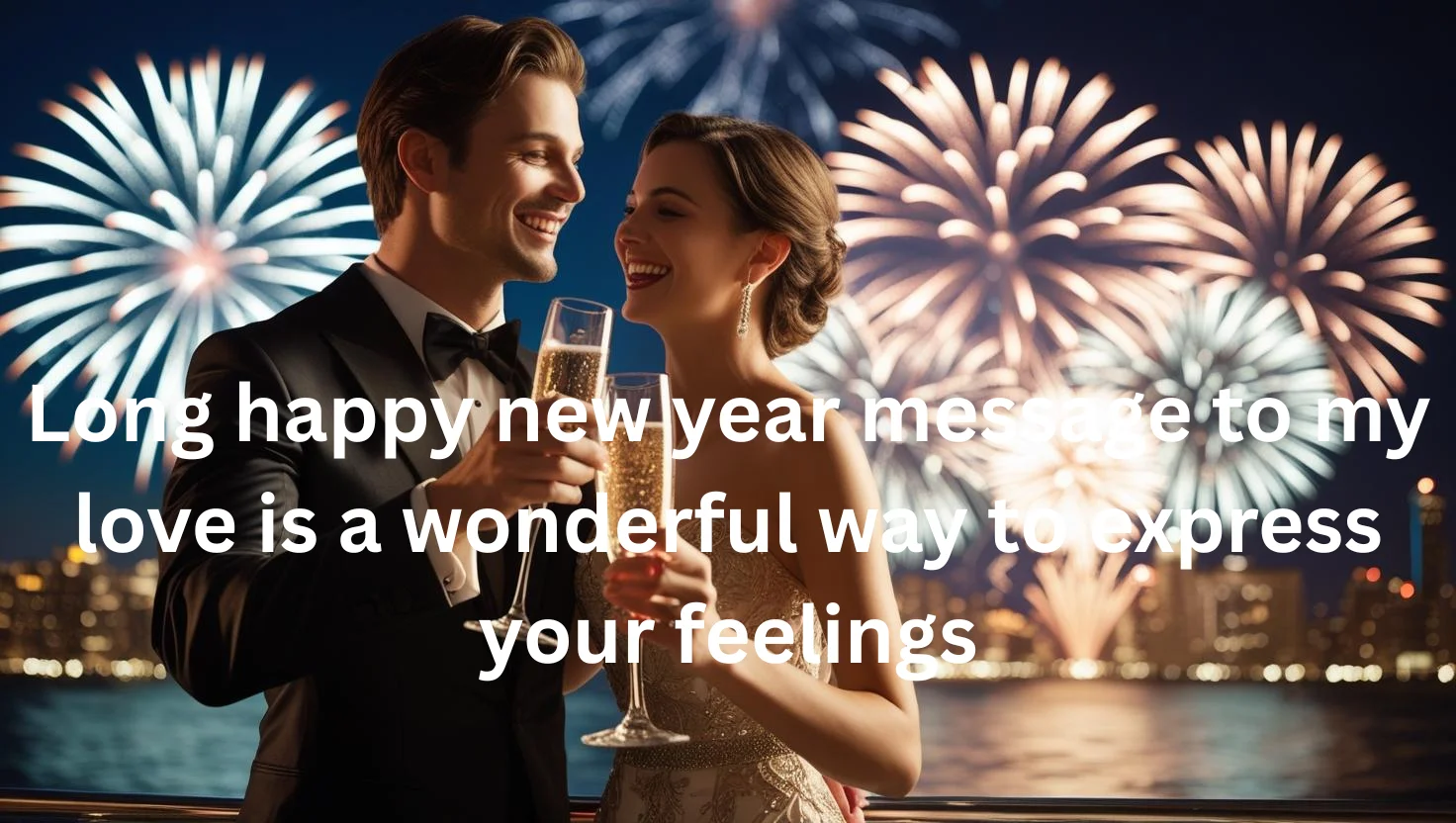 Couple celebrating New Year with romantic messages and fireworks background