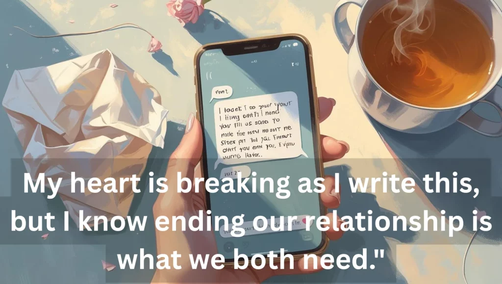 Emotional breakup text message on phone screen with sad atmosphere