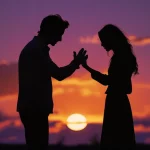 Sad couple silhouette expressing deep emotional pain and love messages