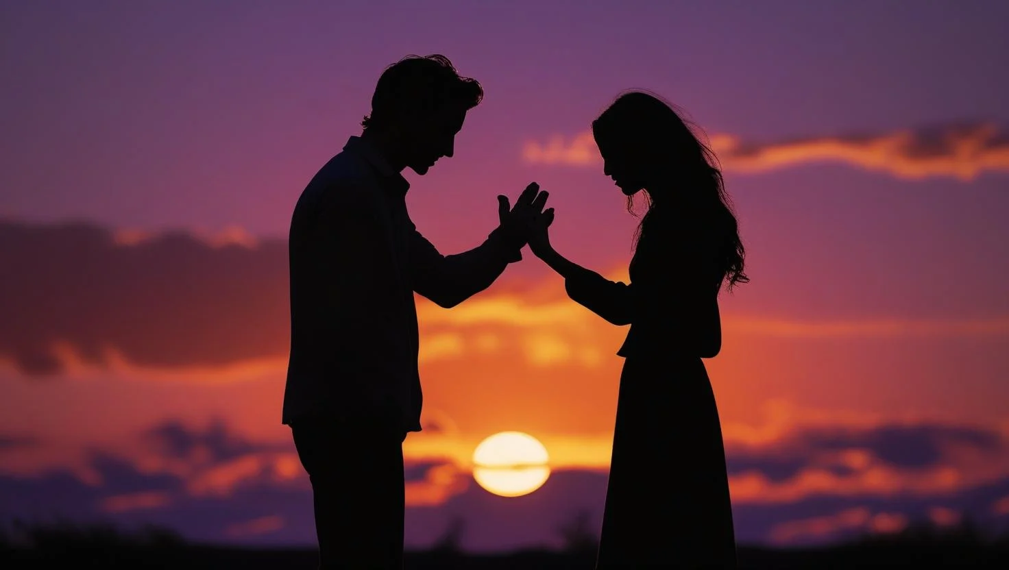 Sad couple silhouette expressing deep emotional pain and love messages