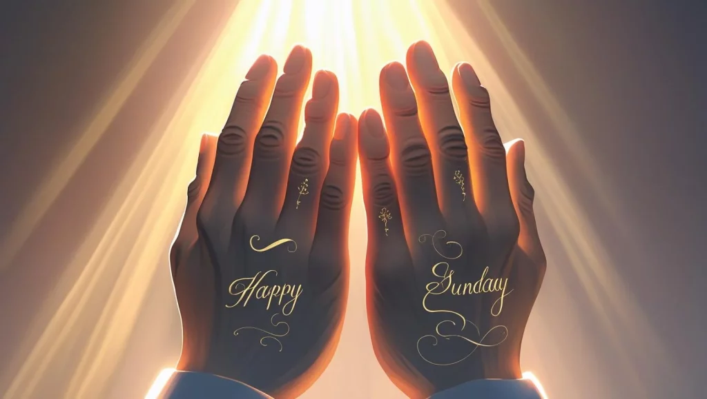 Sunday prayer messages hands praying with divine light background