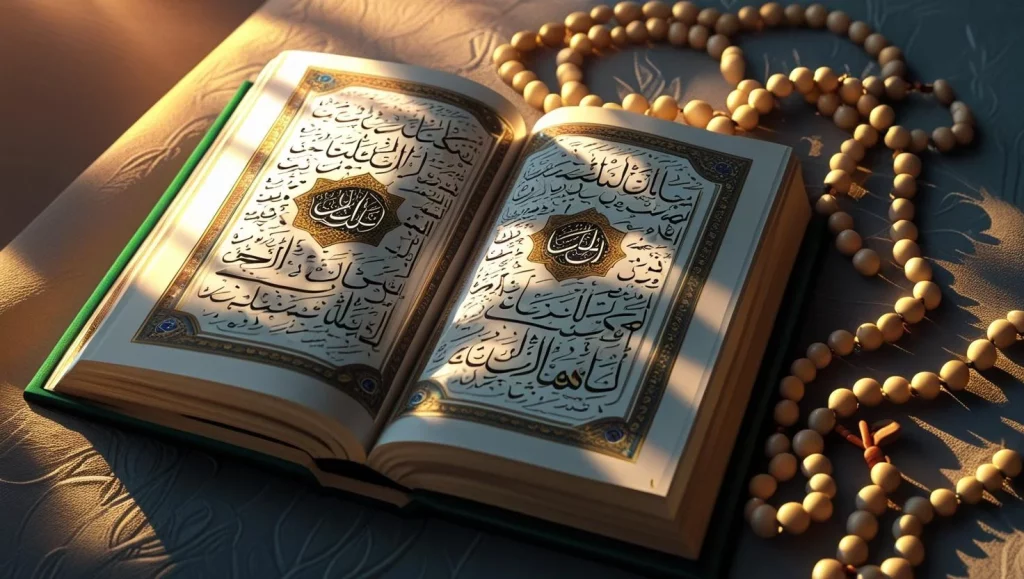 Open Quran with Islamic prayer beads showing traditional Friday prayers