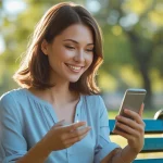 Woman reading sexy text message on smartphone with smile